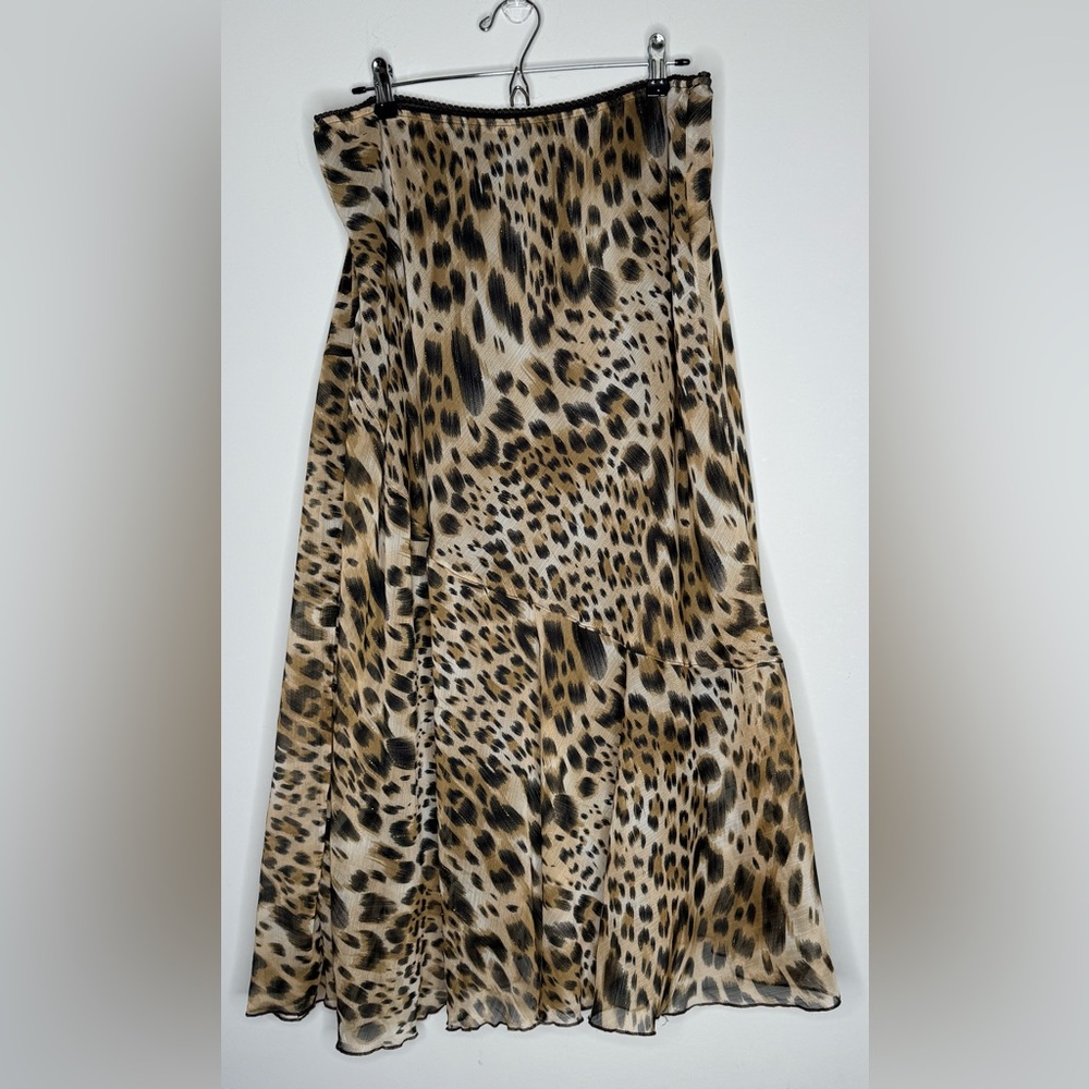 Y2K Plus Size 1X Animal Print Leopard Brown Lace 2000s Glitter Midi Skirt